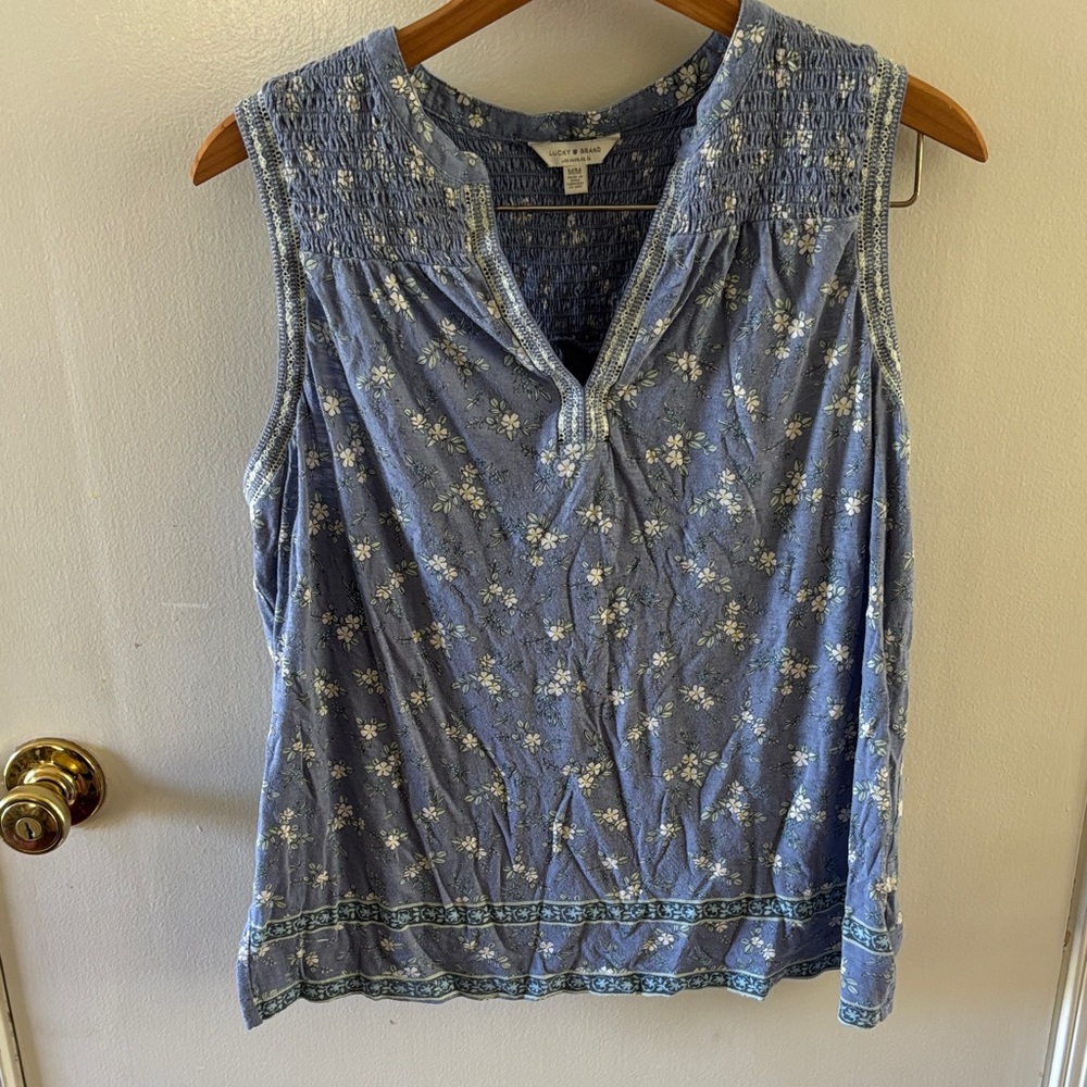 Lucky Brand Boho Floral Embroidered V-Neck Tank Top, Size Medium